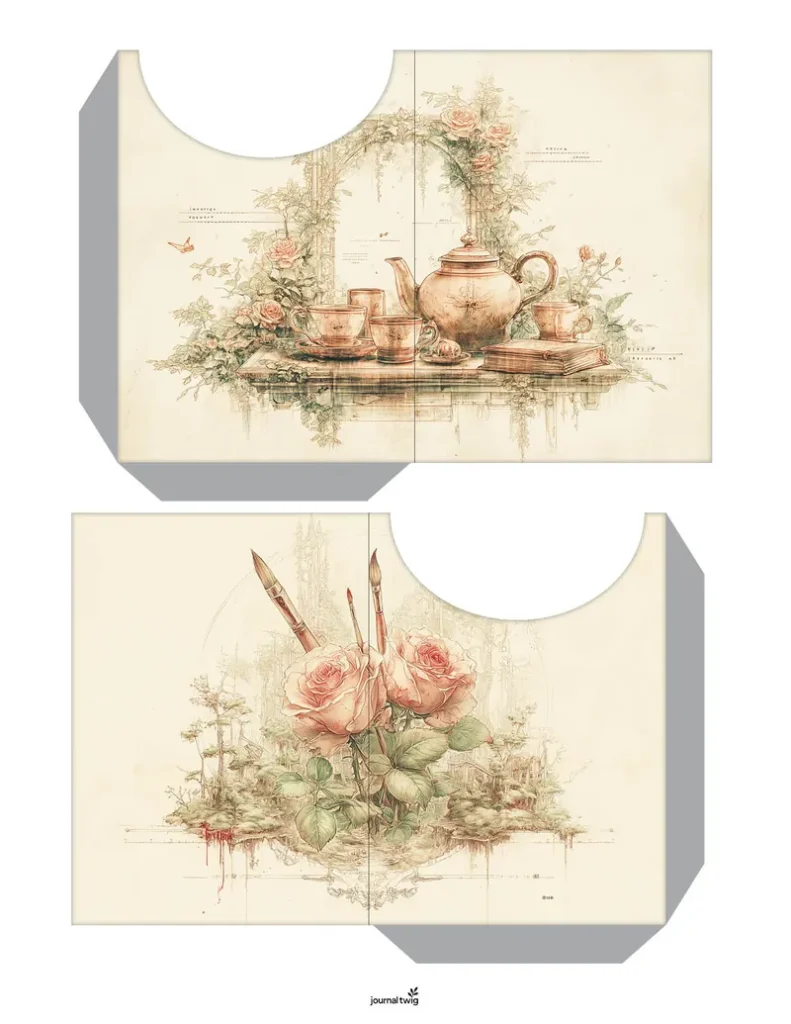 Alice In Wonderland Junk Journal Kit Pocket featuring soft pastel colors with floral and teapot illustrations.