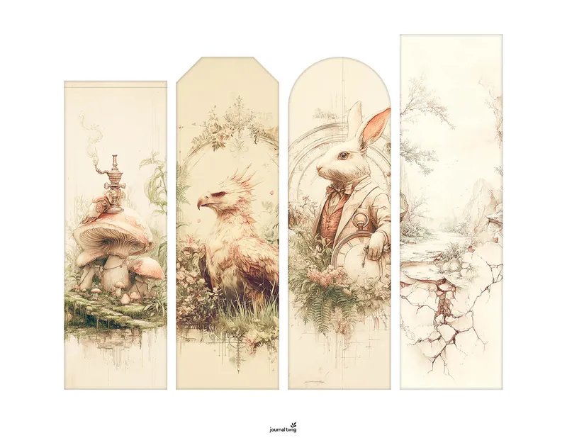 Alice In Wonderland Junk Journal Kit Bookmarks featuring whimsical illustrations of a rabbit in a suit, a majestic eagle, and enchanting mushrooms, rendered in soft pastel tones with intricate details.