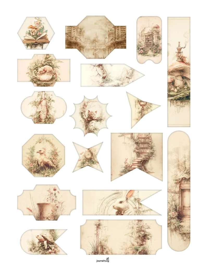 Alice In Wonderland Junk Journal Kit Stamps and Ephemera featuring vintage-style illustrations, warm muted colors, and intricate designs suitable for tags, pockets, and decorative elements.
