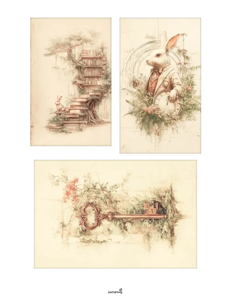 Alice In Wonderland Junk Journal Kit Mini Cards featuring whimsical illustrations of a tree-like bookshelf with a rabbit, the White Rabbit in a vest, and an ornate key intertwined with florals.