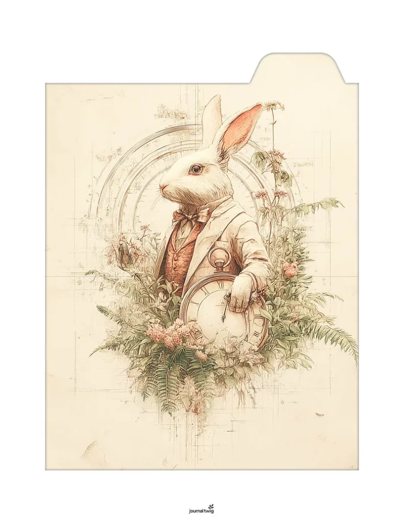 Alice In Wonderland Junk Journal Kit Folding Folio featuring a whimsical illustration of a white rabbit in a vintage suit, surrounded by delicate florals and ferns.