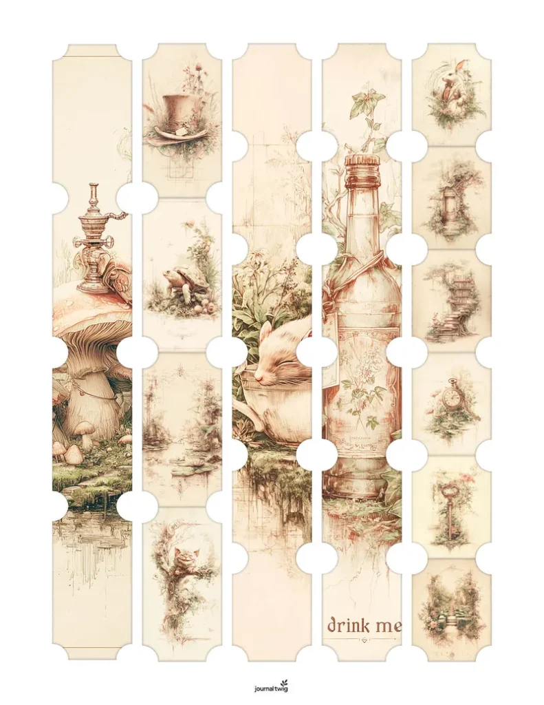 Alice In Wonderland Junk Journal Kit Belly Bands featuring whimsical illustrations of teapots, bottles, and playful animals in soft pastel hues.