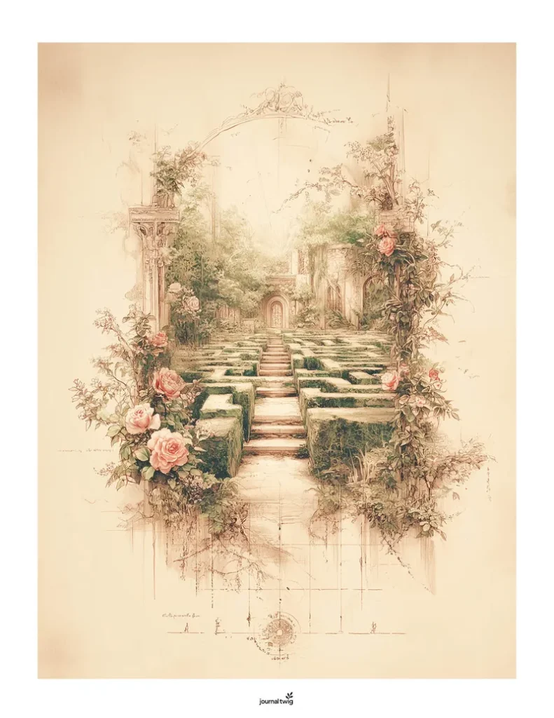 Alice In Wonderland Junk Journal Kit Vertical Background featuring a dreamy garden path with vintage floral illustrations and soft pastel colors.