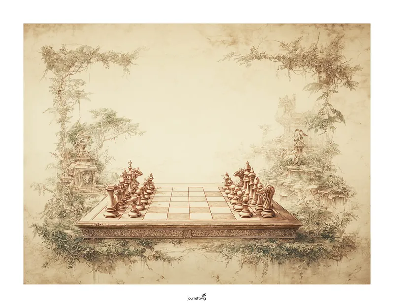Alice In Wonderland Junk Journal Kit Horizontal Background features a vintage-style chessboard surrounded by lush, whimsical greenery and intricate illustrations.