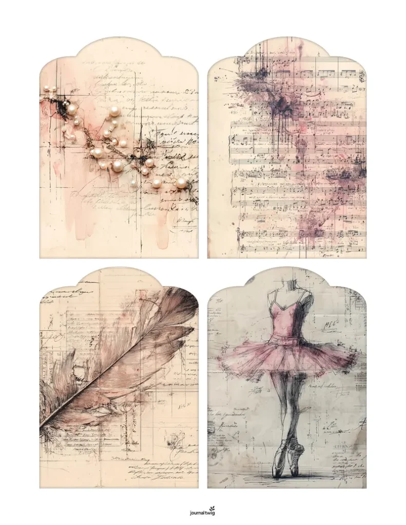 Ballerina Junk Journal Kit Tags featuring soft pinks, vintage script, and watercolor textures, adorned with ballet-themed illustrations.