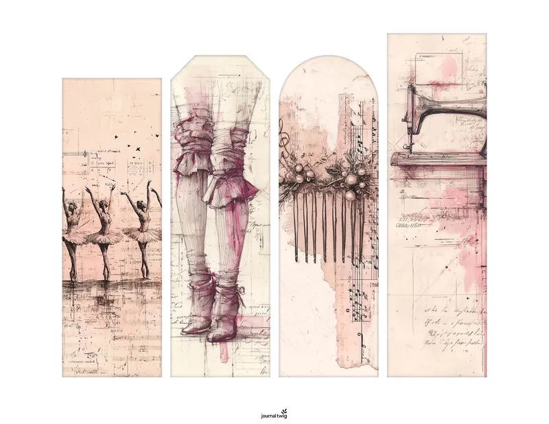 Ballerina Junk Journal Kit Bookmarks featuring soft pink hues, delicate ballet illustrations, and vintage musical notes as artistic elements.
