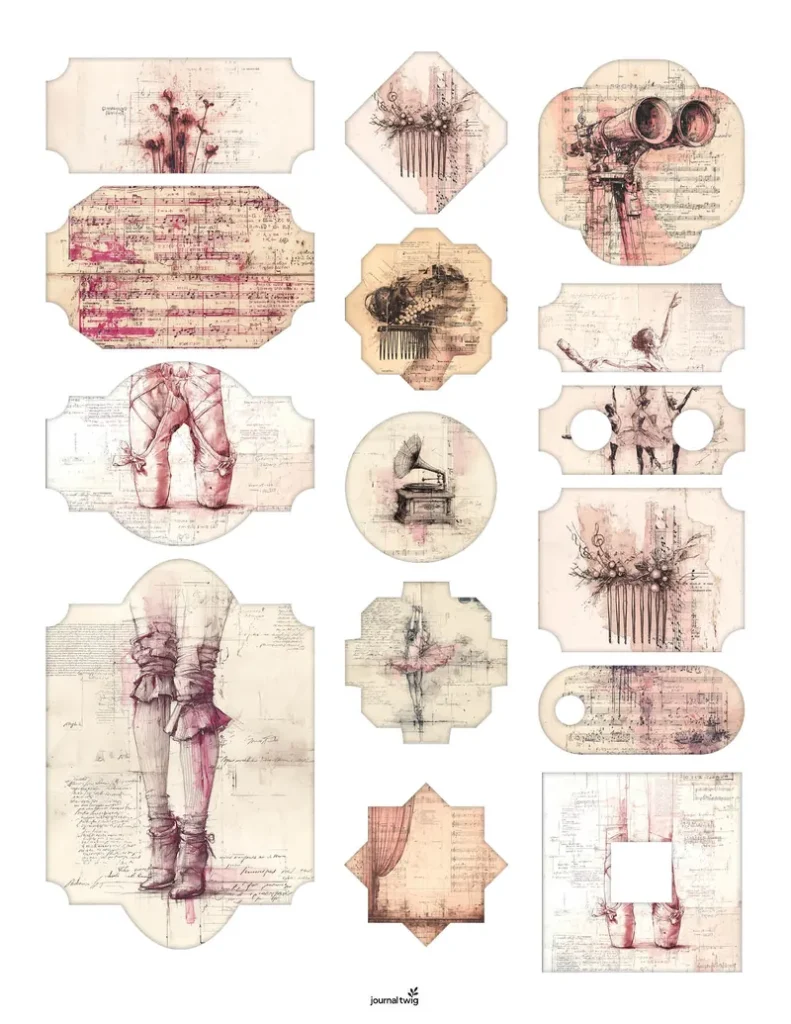 Ballerina Junk Journal Kit Stamps and Ephemera featuring elegant ballet-themed designs, soft pastel colors, and vintage textures, including tags and decorative elements.