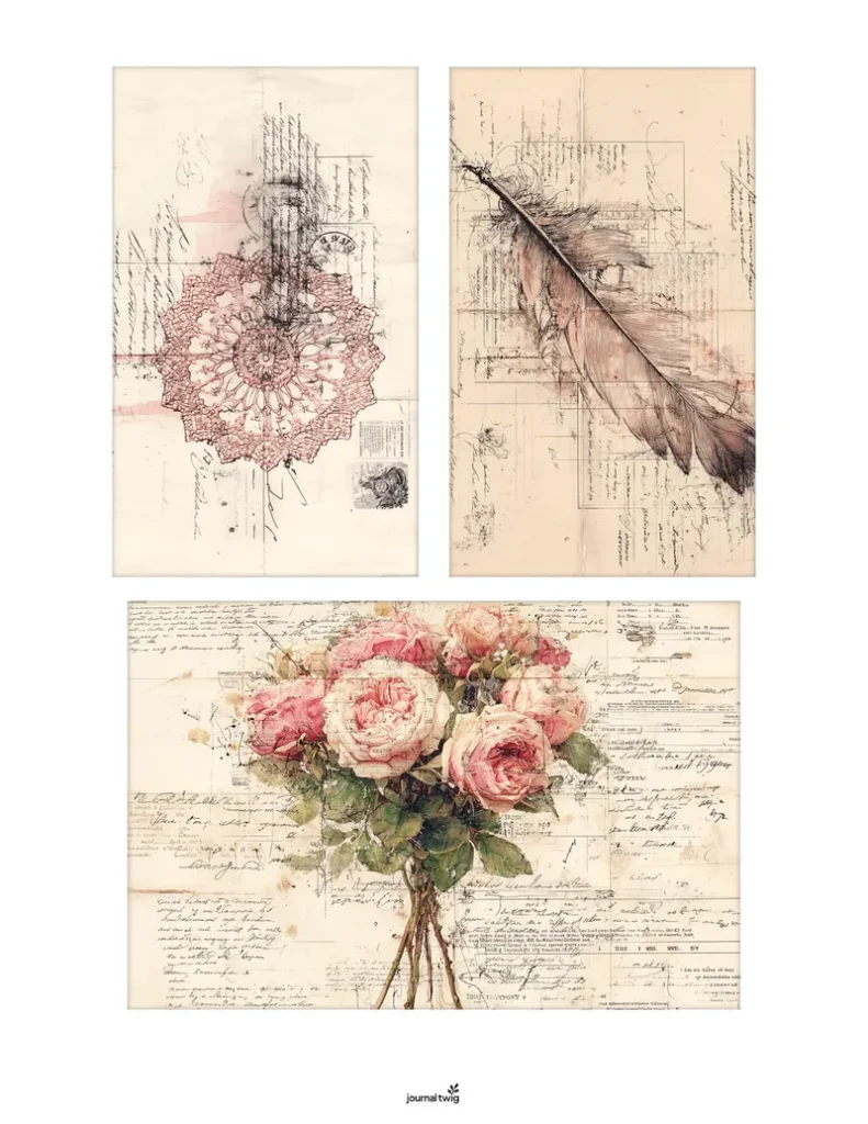Ballerina Junk Journal Kit Mini Cards featuring vintage-style floral illustrations with soft pastel colors and intricate detailing.