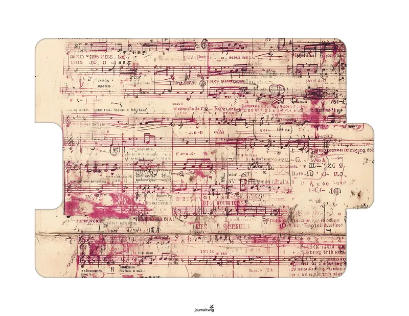 Ballerina Junk Journal Kit Folding Folio featuring a vintage-styled background with sheet music and splashes of soft pink.
