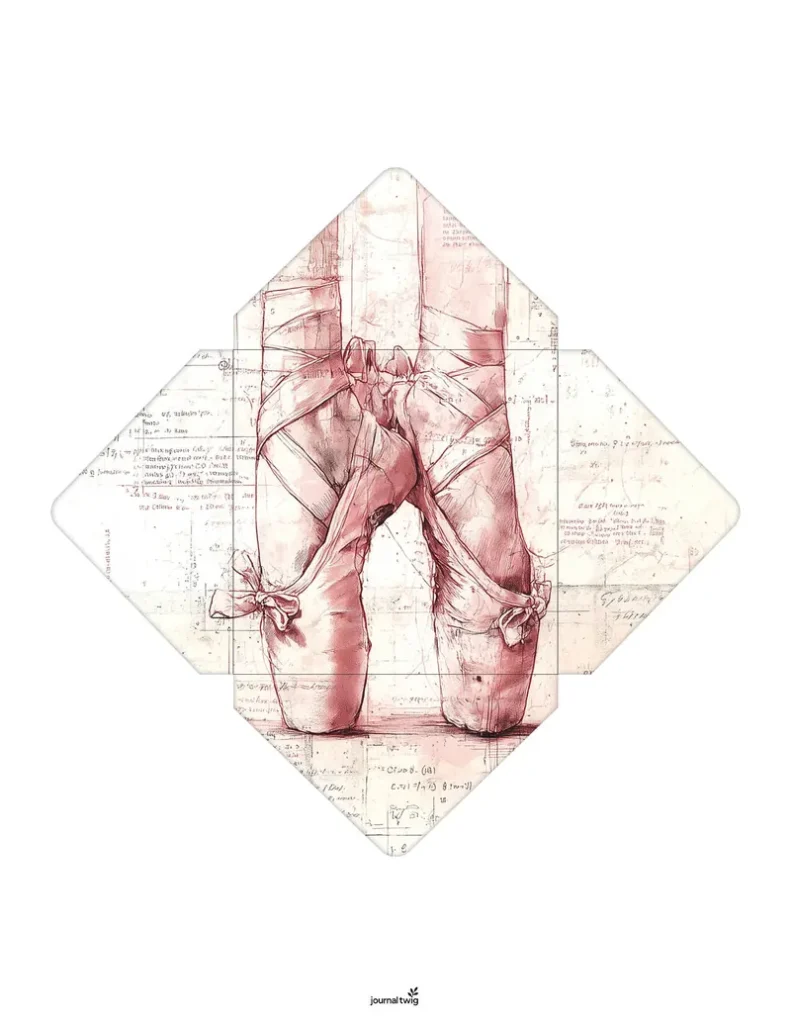 Ballerina Junk Journal Kit Envelope featuring delicate ballet shoes in soft pink tones with vintage script details.