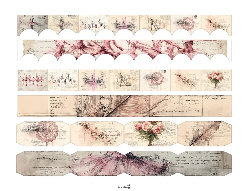 Ballerina Junk Journal Kit Belly Bands featuring elegant dance illustrations, vintage script, and soft pink hues.