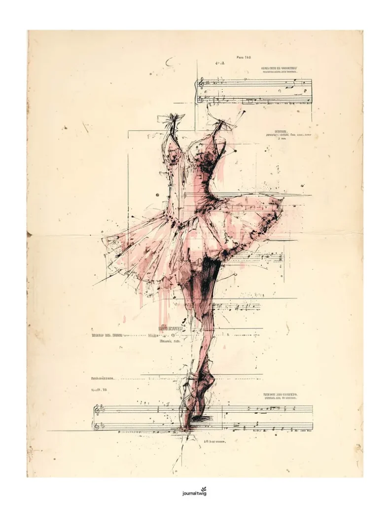 Ballerina Junk Journal Kit Vertical Background features a delicate pink ballerina sketch overlaid on vintage sheet music, with a muted cream background.
