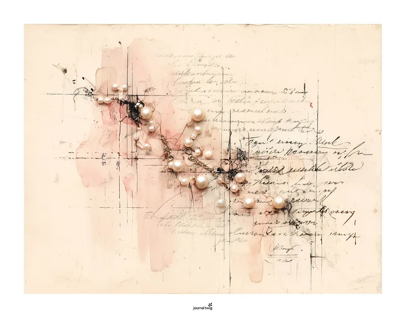 Ballerina Junk Journal Kit Horizontal Background featuring soft pink hues, vintage text, and pearl embellishments.