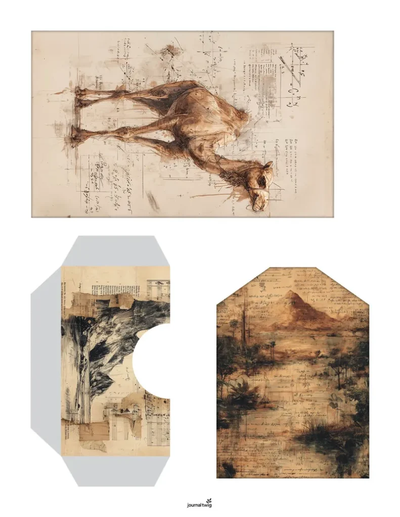 Desert Animals Junk Journal Kit Pocket And Tag featuring a camel illustration and textured backgrounds in earthy tones.