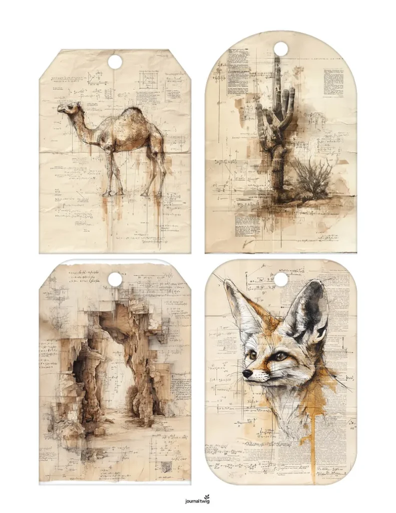 Desert Animals Junk Journal Kit Tags featuring watercolor illustrations of a camel, saguaro cactus, desert landscape, and a fennec fox, designed with vintage-style textures and faded diagrams.