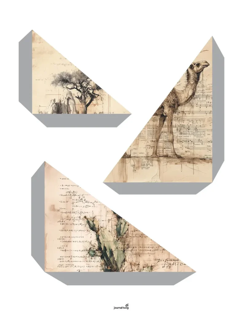 Desert Animals Junk Journal Kit Pocket featuring earthy tones, watercolor textures, and artistic illustrations of a camel, a cactus, and an acacia tree.
