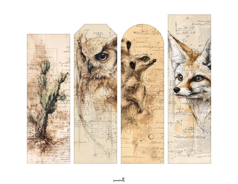 Desert Animals Junk Journal Kit Bookmarks featuring illustrations of a cactus, owl, meerkat, and fox in earthy tones and vintage-inspired sketches.