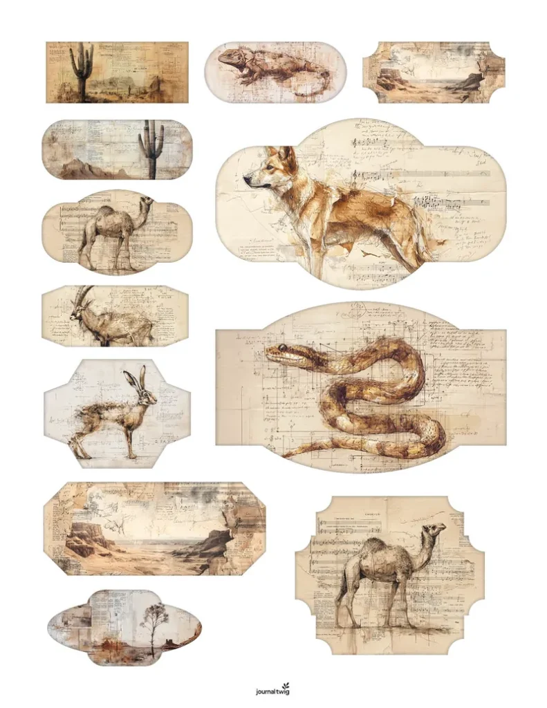 Desert Animals Junk Journal Kit Stamps and Ephemera featuring illustrated animal motifs and desert landscapes in muted earth tones, ideal for tags and ephemera.