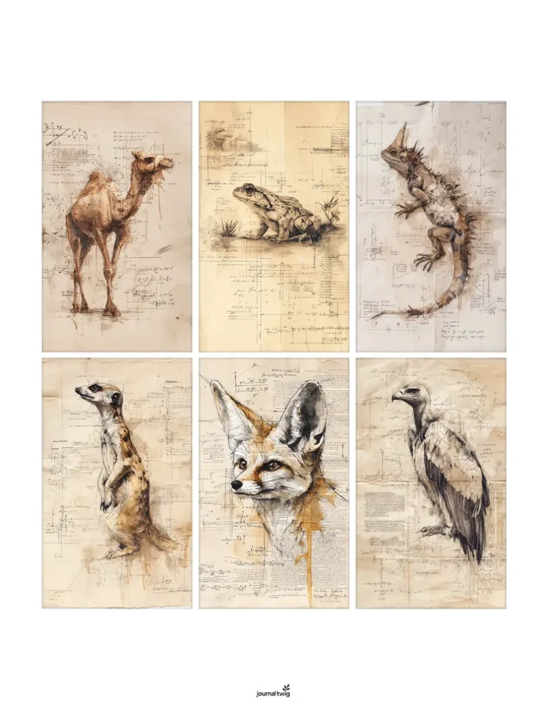 Desert Animals Junk Journal Kit Mini Cards feature illustrated desert animals on aged, textured backgrounds with vintage-style detailing.