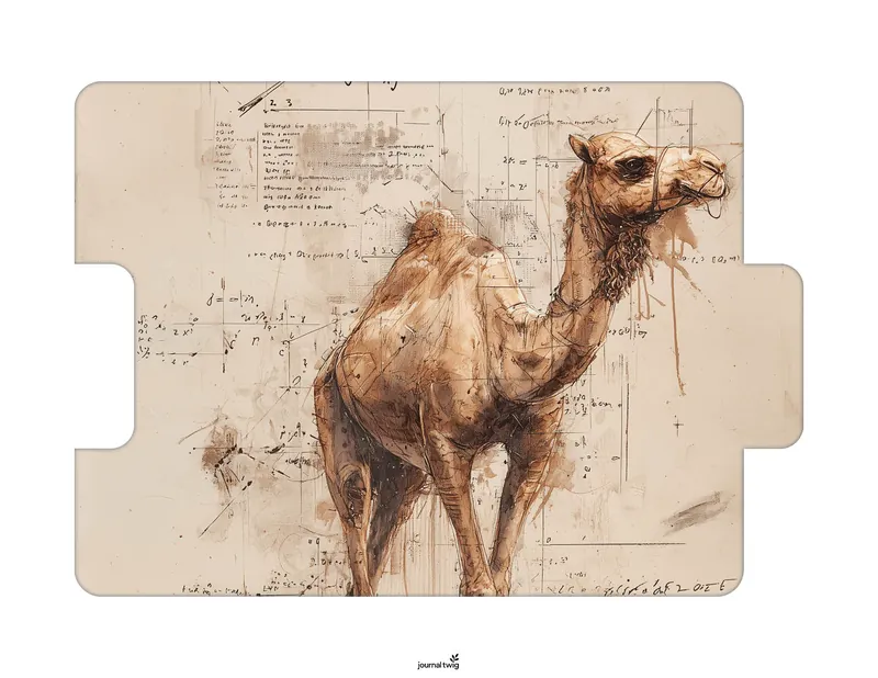 Desert Animals Junk Journal Kit Folding Folio featuring a detailed sketch of a camel with earth-toned colors and overlayed technical illustrations.
