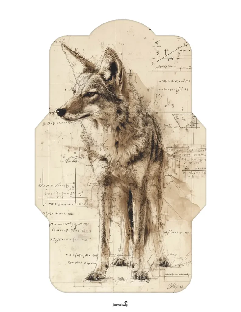 Desert Animals Junk Journal Kit Envelope featuring a detailed illustration of a coyote with a vintage mathematical background.