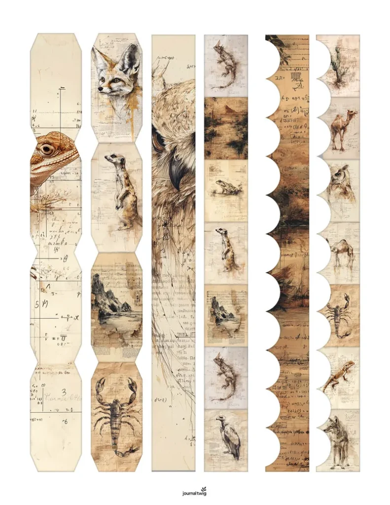 Desert Animals Junk Journal Kit Belly Bands featuring illustrations of desert wildlife on a textured vintage background.