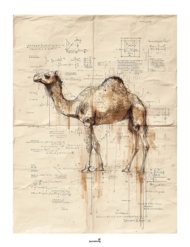 Desert Animals Junk Journal Kit Vertical Background featuring a sketched camel against a textured, aged paper background with scientific annotations.