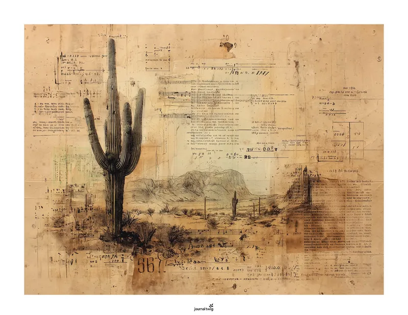 Desert Animals Junk Journal Kit Horizontal Background features a vintage-style illustration of a cactus against a textured beige backdrop filled with faint script and sketches.