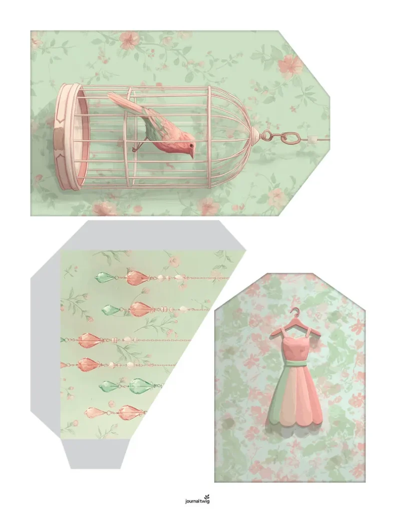 Doll And Dollhouse Junk Journal Kit Pocket And Tag featuring a pastel floral design with a birdcage, decorative string elements, and a dress illustration.