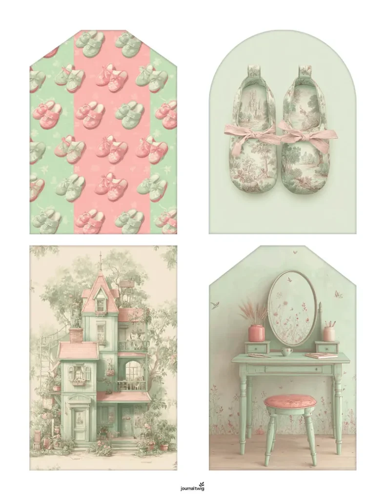 Doll And Dollhouse Junk Journal Kit Tags featuring soft pastel colors and charming vintage illustrations of doll shoes, a dollhouse, and a decorative vanity.