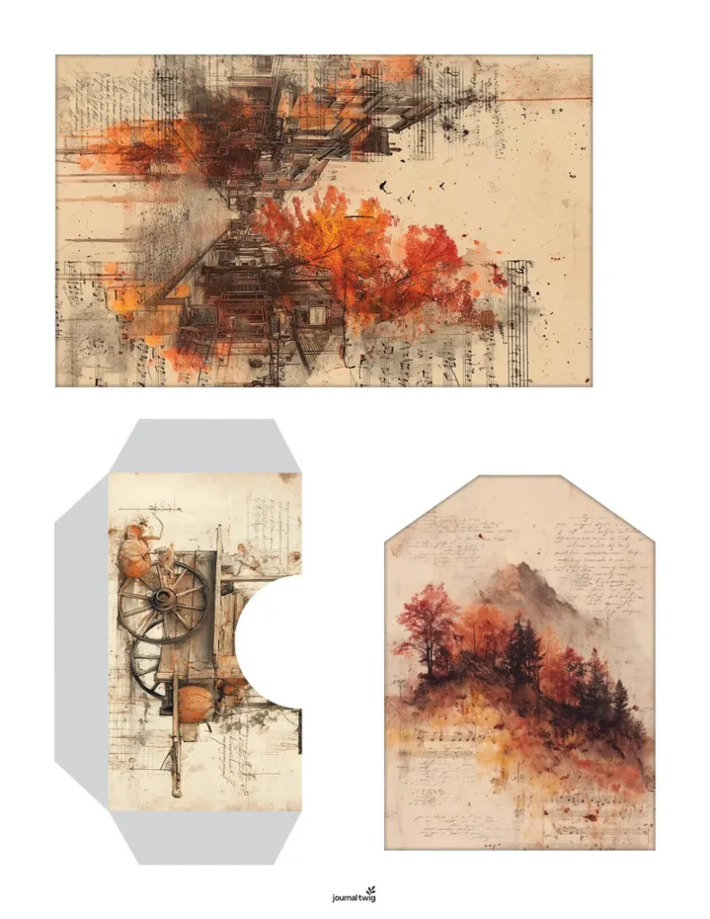 Fall Junk Journal Kit Pocket And Tag featuring warm orange and red autumn leaves with vintage textures and sketch-style details.