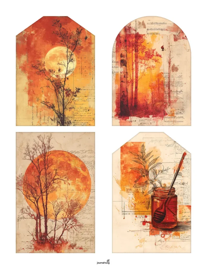 Fall Junk Journal Kit Tags featuring warm autumn colors, artistic illustrations of trees, a honey jar, and a moon.