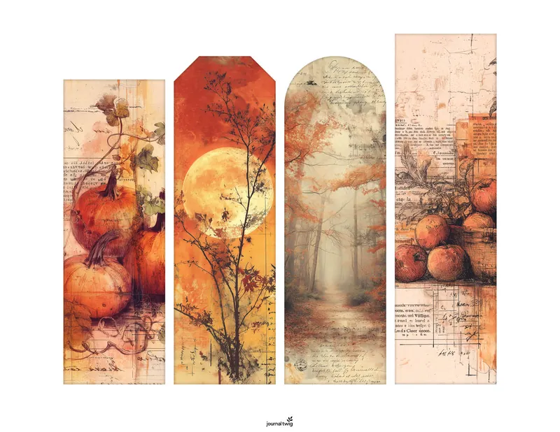 Fall Junk Journal Kit Bookmarks featuring warm autumn colors, vintage textures, and illustrations of pumpkins, a full moon, fall foliage, and apples.