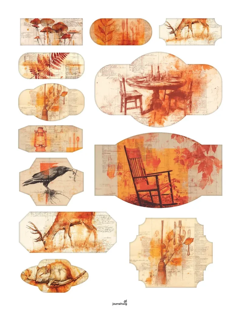 Fall Junk Journal Kit Stamps and Ephemera featuring warm orange hues and vintage illustrations of nature, furniture, and animals in decorative cut-out shapes.