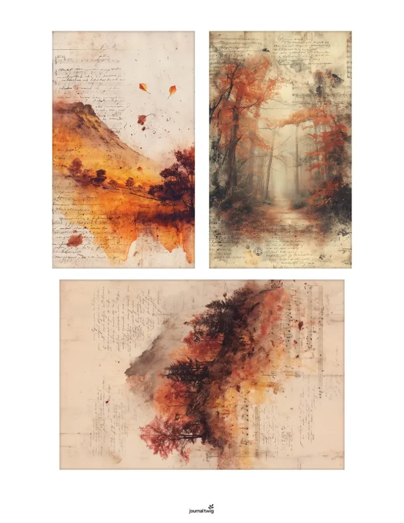 Fall Junk Journal Kit Mini Cards featuring warm autumn colors, watercolor textures, and vintage-style illustration of landscapes and trees.