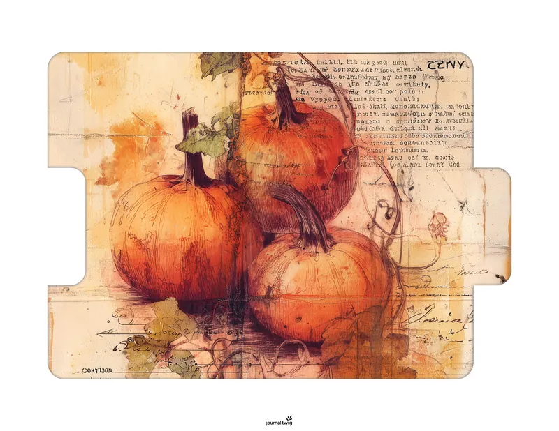 Fall Junk Journal Kit Folding Folio featuring three vibrant pumpkins on a rustic background with vintage text and delicate vine details.