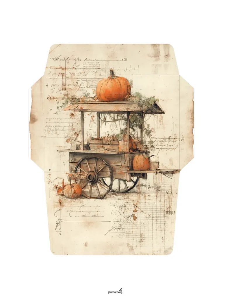 Fall Junk Journal Kit Envelope featuring a vintage pumpkin cart illustration with warm earthy tones and hand-drawn details.