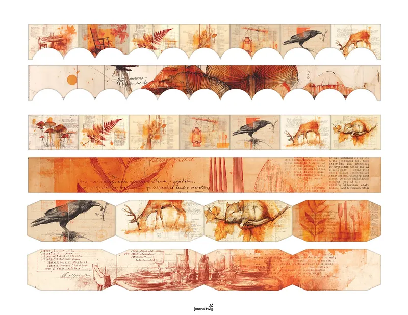 Fall Junk Journal Kit Belly Bands featuring warm autumn hues, intricate illustrations of leaves, animals, and vintage text elements.