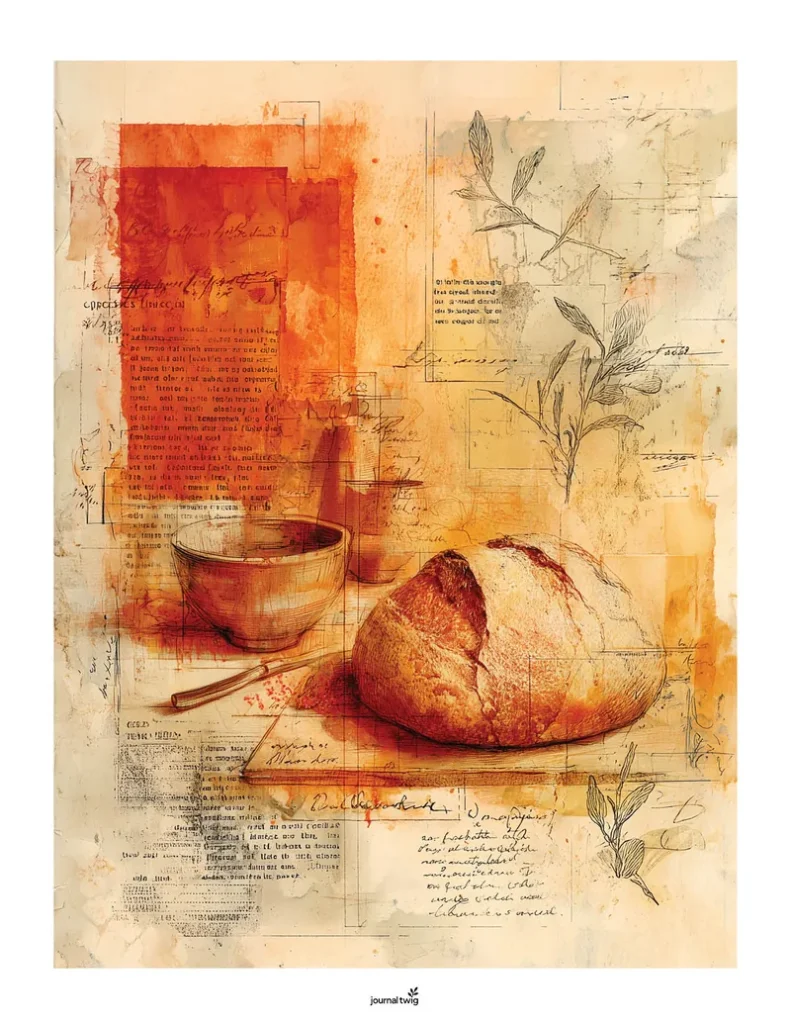 Fall Junk Journal Kit Vertical Background featuring warm autumn colors, a rustic illustration of bread, a bowl, and handwritten notes, perfect for a background page.