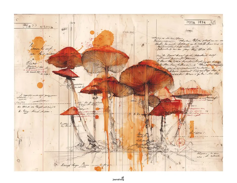 Fall Junk Journal Kit Horizontal Background featuring vibrant red mushrooms against a vintage-style, faded parchment backdrop with handwritten notes and warm splashes of orange.