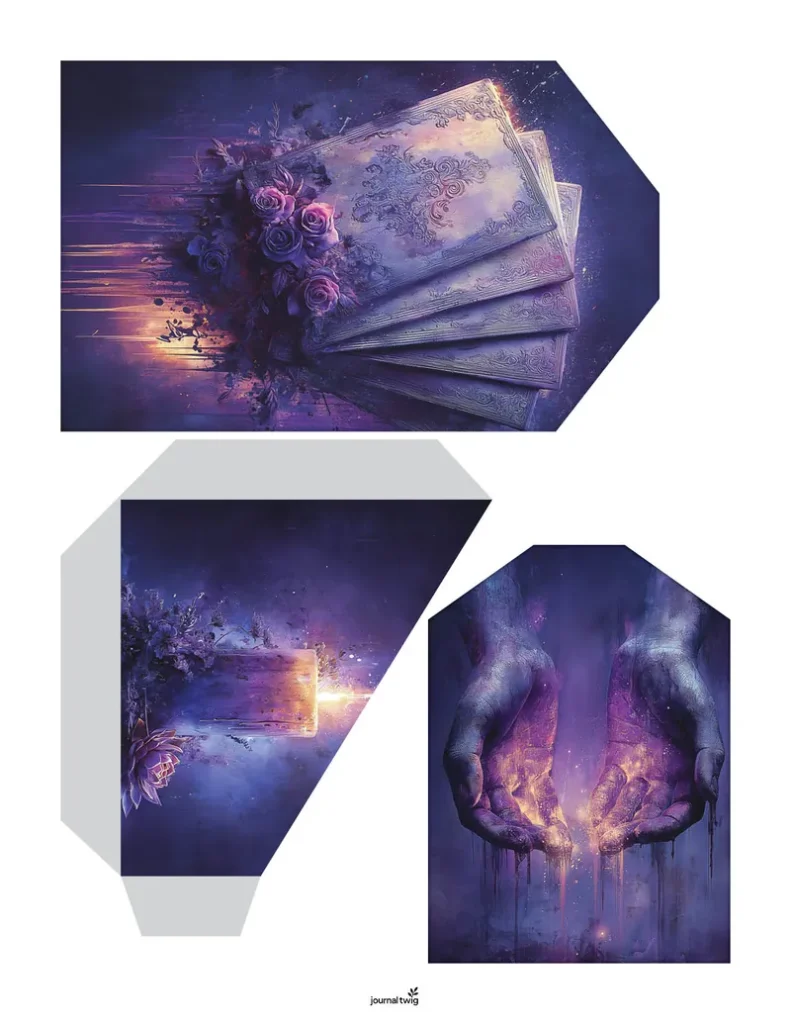 Gothic Romance Junk Journal Kit Pocket And Tag featuring deep purple hues, intricate floral designs, and mystic elements.