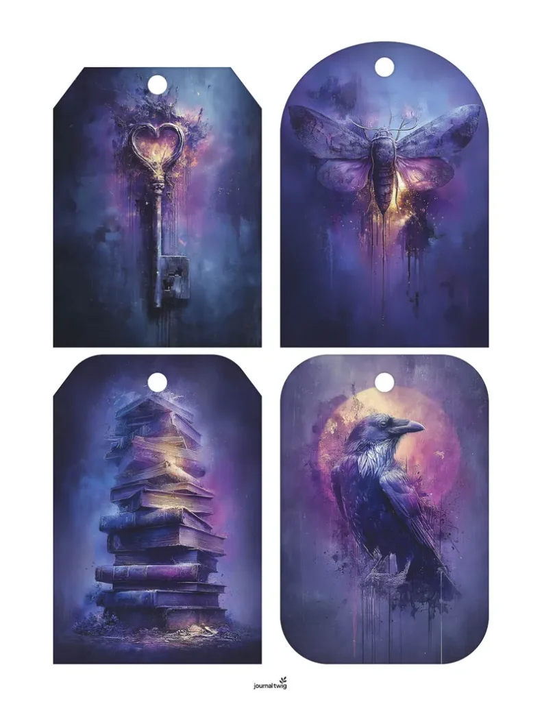 Gothic Romance Junk Journal Kit Tags featuring mystical elements like a key, moth, stacked books, and a raven, all in rich purple hues and a dreamy, ethereal style.