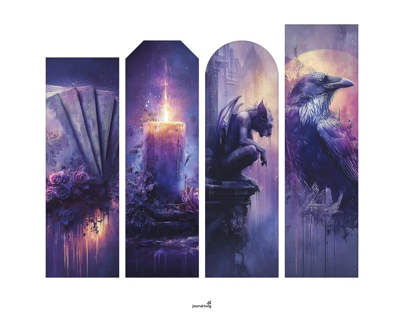 Gothic Romance Junk Journal Kit Bookmarks featuring ethereal illustrations in deep purple tones, showcasing candles, roses, gargoyles, and crows.