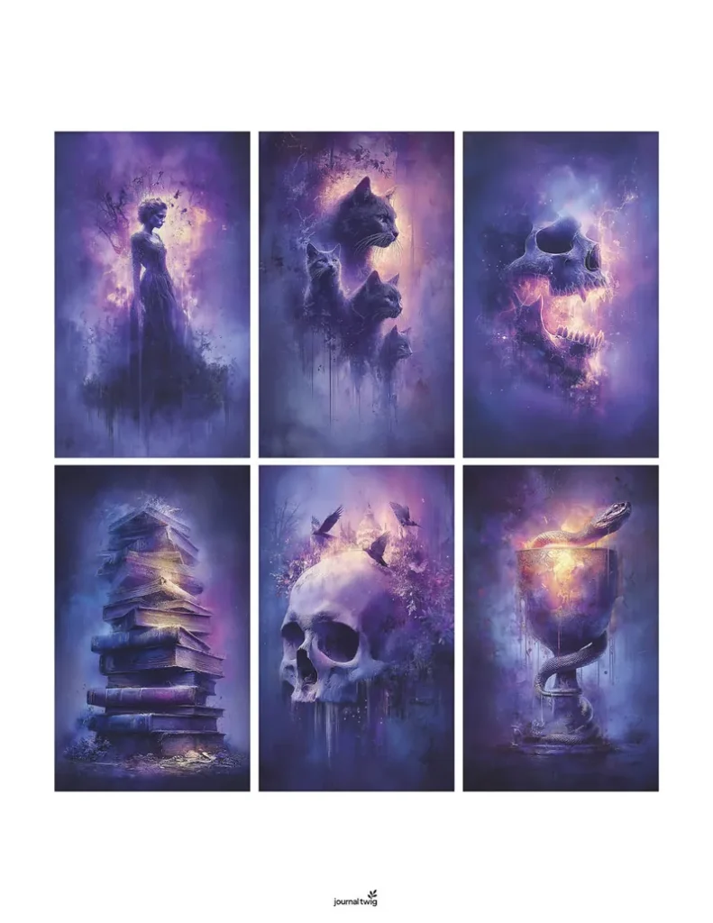 Gothic Romance Junk Journal Kit Mini Cards featuring a mix of dark purples and blues with mystical illustrations, including a silhouette of a woman, cats, skulls, and a chalice.