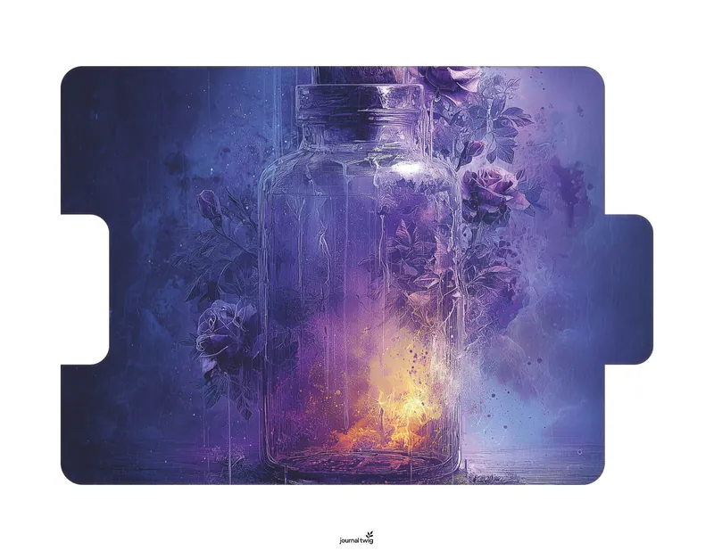 Gothic Romance Junk Journal Kit Folding Folio featuring a mystical jar illuminated by warm colors, surrounded by ethereal purple flowers and a dreamy background.