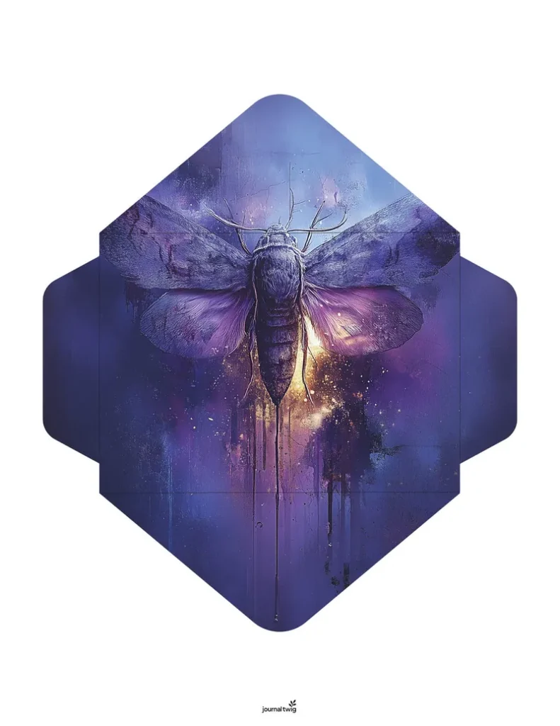 Gothic Romance Junk Journal Kit Envelope featuring a striking illustration of a moth in purple and deep blue tones with a textured background.