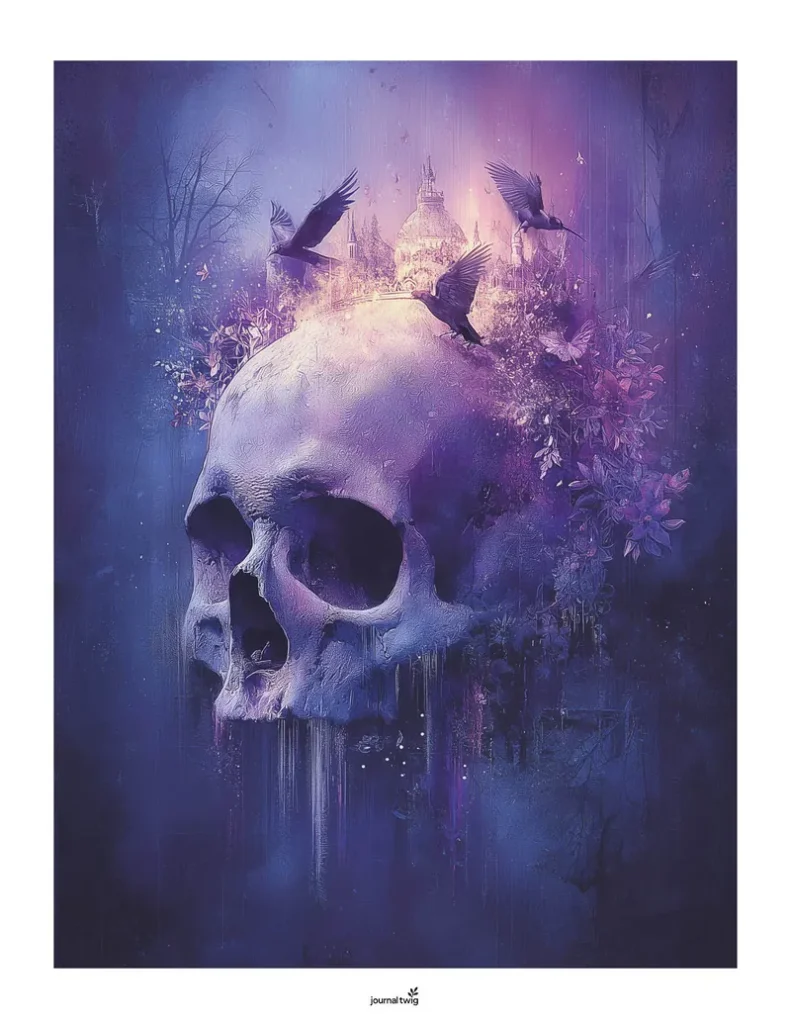 Gothic Romance Junk Journal Kit Vertical Background featuring a mystical skull surrounded by ethereal purple hues, intricate details of foliage, and silhouetted birds.