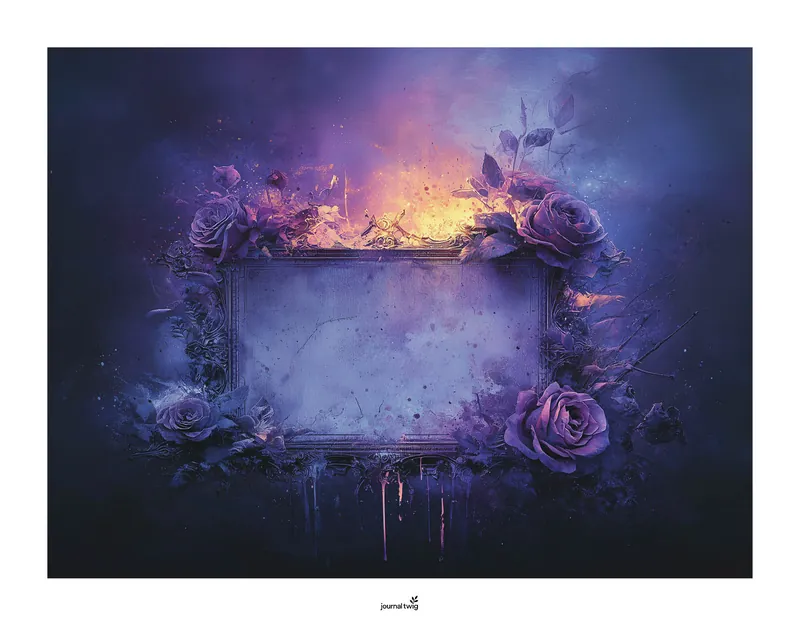 Gothic Romance Junk Journal Kit Horizontal Background features a rich, dark purple and blue gradient adorned with elegant purple roses, creating a mystical ambiance.