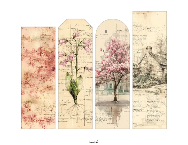 Spring Junk Journal Kit Bookmarks feature delicate floral illustrations against soft pastel backgrounds, showcasing vintage textures and botanical themes.