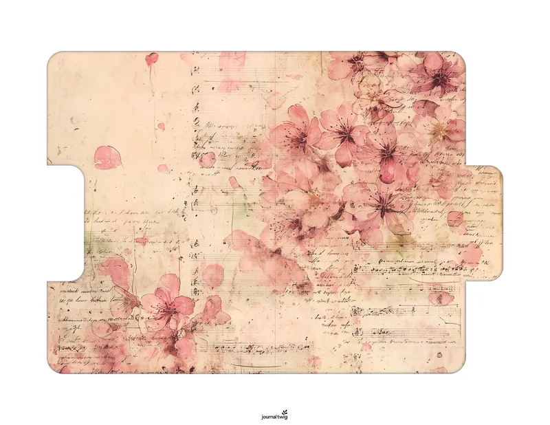 Spring Junk Journal Kit Folding Folio featuring delicate pink blossoms, vintage sheet music elements, and a warm, textured background.